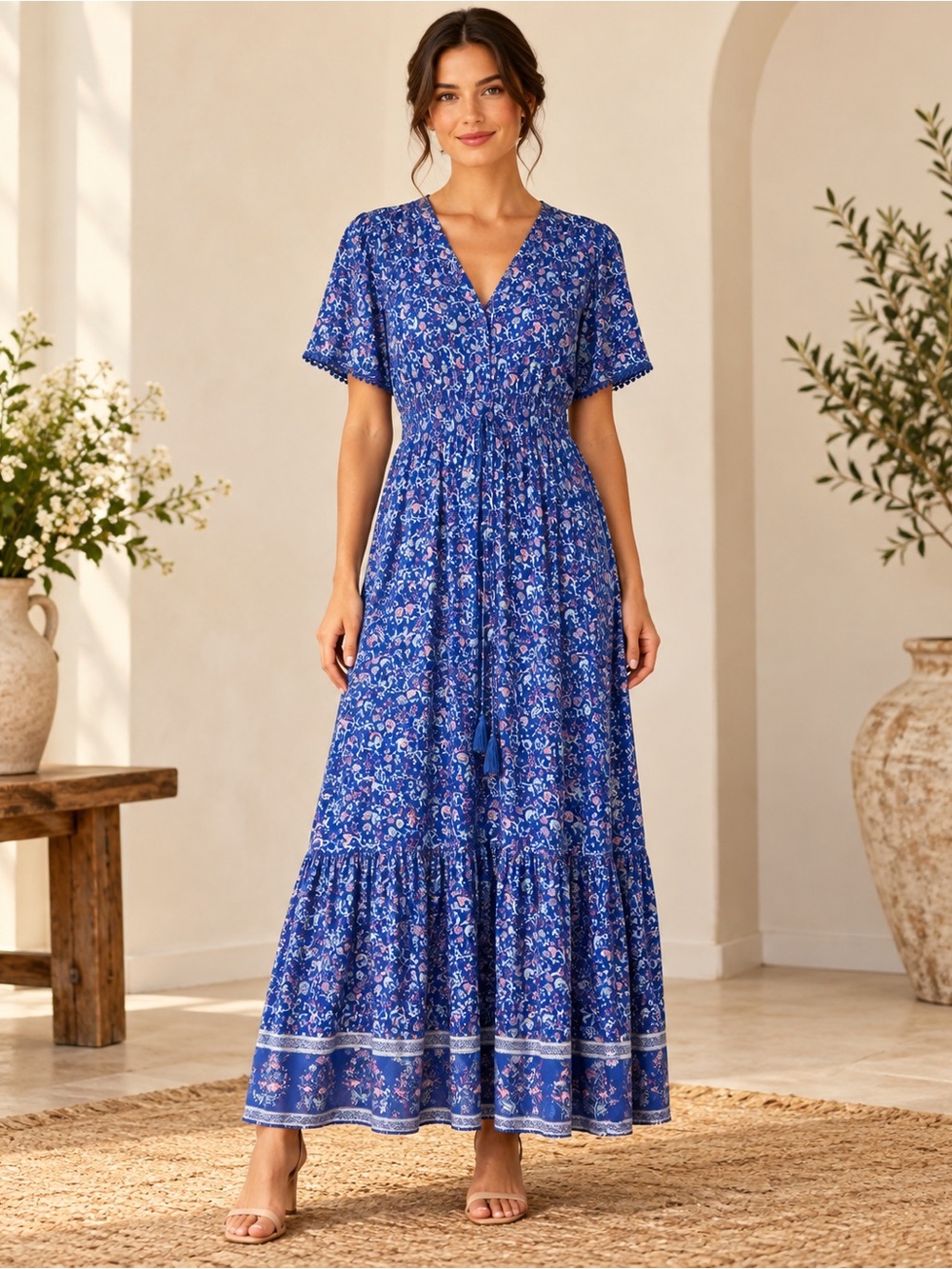 NWT R. Vieimos Size Medium Blue Floral Boho Maxi Dress